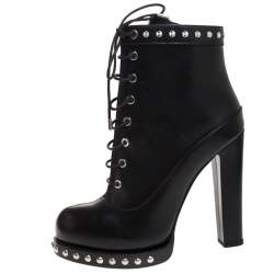 Pre Owned Alexander McQueen Black Leather Studded Ankle Boots Size 39.5