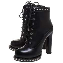 Pre Owned Alexander McQueen Black Leather Studded Ankle Boots Size 39.5