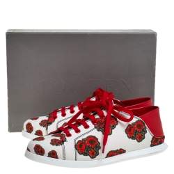 Pre Owned Alexander McQueen White/Red Leather And Floral Canvas Low Top Sneakers Size 38
