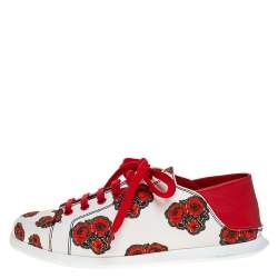 Pre Owned Alexander McQueen White/Red Leather And Floral Canvas Low Top Sneakers Size 38