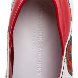 Pre Owned Alexander McQueen White/Red Leather And Floral Canvas Low Top Sneakers Size 38