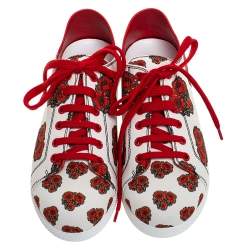 Pre Owned Alexander McQueen White/Red Leather And Floral Canvas Low Top Sneakers Size 38
