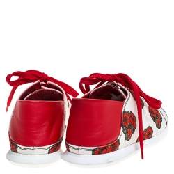 Pre Owned Alexander McQueen White/Red Leather And Floral Canvas Low Top Sneakers Size 38