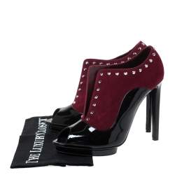 Pre Owned Alexander McQueen Burgundy/Black Suede And Patent Studded Platform Slip On Ankle Boots Size 40