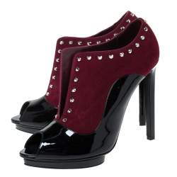 Pre Owned Alexander McQueen Burgundy/Black Suede And Patent Studded Platform Slip On Ankle Boots Size 40