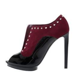Pre Owned Alexander McQueen Burgundy/Black Suede And Patent Studded Platform Slip On Ankle Boots Size 40