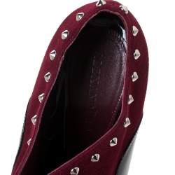 Pre Owned Alexander McQueen Burgundy/Black Suede And Patent Studded Platform Slip On Ankle Boots Size 40