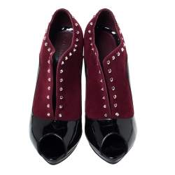 Pre Owned Alexander McQueen Burgundy/Black Suede And Patent Studded Platform Slip On Ankle Boots Size 40