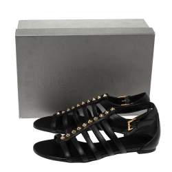 Pre Owned Alexander McQueen Black Leather Spike Detail Flat Gladiator Sandals Size 37.5