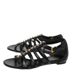 Pre Owned Alexander McQueen Black Leather Spike Detail Flat Gladiator Sandals Size 37.5