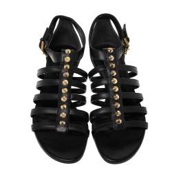 Pre Owned Alexander McQueen Black Leather Spike Detail Flat Gladiator Sandals Size 37.5