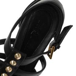 Pre Owned Alexander McQueen Black Leather Spike Detail Flat Gladiator Sandals Size 37.5