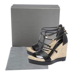 Pre Owned Alexander McQueen Black Braided Leather T Strap Espadrille Wedge Sandals Size 38