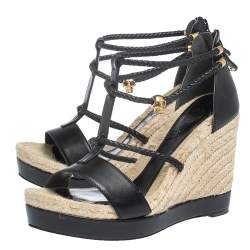 Pre Owned Alexander McQueen Black Braided Leather T Strap Espadrille Wedge Sandals Size 38
