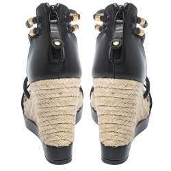 Pre Owned Alexander McQueen Black Braided Leather T Strap Espadrille Wedge Sandals Size 38
