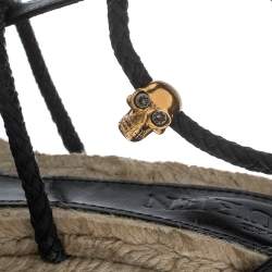 Pre Owned Alexander McQueen Black Braided Leather T Strap Espadrille Wedge Sandals Size 38