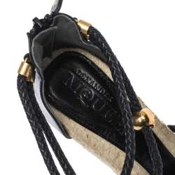 Pre Owned Alexander McQueen Black Braided Leather T Strap Espadrille Wedge Sandals Size 38