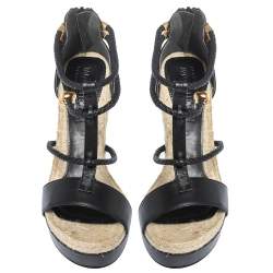 Pre Owned Alexander McQueen Black Braided Leather T Strap Espadrille Wedge Sandals Size 38