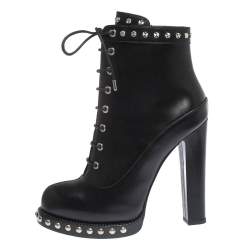 Pre Owned Alexander McQueen Black Leather Hobnail Platform Ankle Booties Size 39