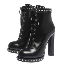 Pre Owned Alexander McQueen Black Leather Hobnail Platform Ankle Booties Size 39