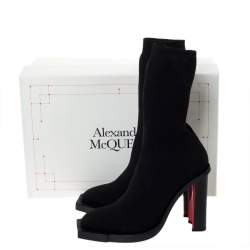 Pre Owned Alexander McQueen Black Stretch Knit New Hybrid Ankle Booties Size 38 