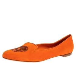 Pre Owned Alexander McQueen Orange Suede Leather Sequin Embellished Smoking Slippers Size 39.5 