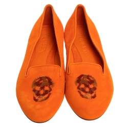 Pre Owned Alexander McQueen Orange Suede Leather Sequin Embellished Smoking Slippers Size 39.5 