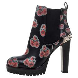 Pre Owned Alexander McQueen Black Floral Print Leather Chelsea Studded Heels Ankle Boots Size 39