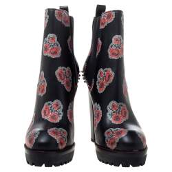 Pre Owned Alexander McQueen Black Floral Print Leather Chelsea Studded Heels Ankle Boots Size 39