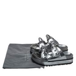 Alexander McQueen Metallic Grey Leather Birkenstock Rivet Bow Tie Slide Sandals Size 38.5