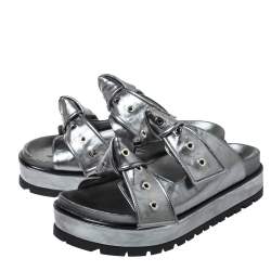 Alexander McQueen Metallic Grey Leather Birkenstock Rivet Bow Tie Slide Sandals Size 38.5