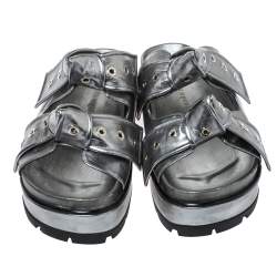 Alexander McQueen Metallic Grey Leather Birkenstock Rivet Bow Tie Slide Sandals Size 38.5