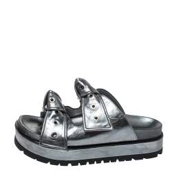 Alexander McQueen Metallic Grey Leather Birkenstock Rivet Bow Tie Slide Sandals Size 38.5