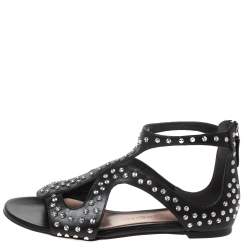 Pre Owned Alexander McQueen Black Micro Studded Leather Cage Flat Sandals Size 37.5