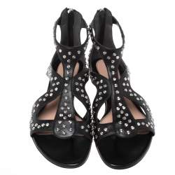 Pre Owned Alexander McQueen Black Micro Studded Leather Cage Flat Sandals Size 37.5
