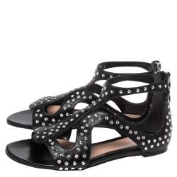 Pre Owned Alexander McQueen Black Micro Studded Leather Cage Flat Sandals Size 37.5