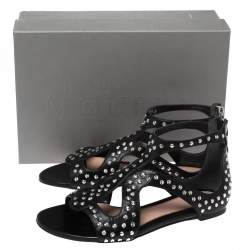 Pre Owned Alexander McQueen Black Micro Studded Leather Cage Flat Sandals Size 37.5