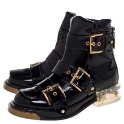 Pre Owned Alexander McQueen Black Patent Leather Flower Detail Three Buckle Boots Size 36