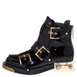 Pre Owned Alexander McQueen Black Patent Leather Flower Detail Three Buckle Boots Size 36