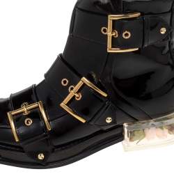 Pre Owned Alexander McQueen Black Patent Leather Flower Detail Three Buckle Boots Size 36