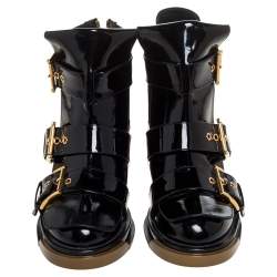 Pre Owned Alexander McQueen Black Patent Leather Flower Detail Three Buckle Boots Size 36
