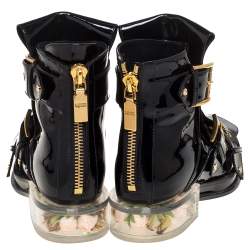 Pre Owned Alexander McQueen Black Patent Leather Flower Detail Three Buckle Boots Size 36