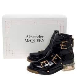 Pre Owned Alexander McQueen Black Patent Leather Flower Detail Three Buckle Boots Size 36