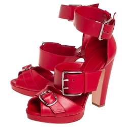 Pre Owned Alexander McQueen Red Leather Buckle Detail Ankle Cuff Sandals Size 38