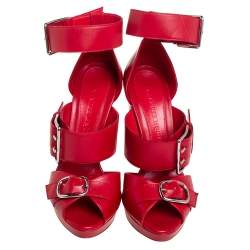 Pre Owned Alexander McQueen Red Leather Buckle Detail Ankle Cuff Sandals Size 38