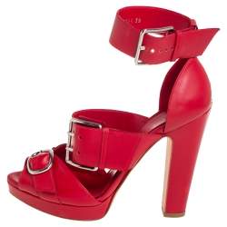 Pre Owned Alexander McQueen Red Leather Buckle Detail Ankle Cuff Sandals Size 38