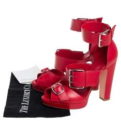 Pre Owned Alexander McQueen Red Leather Buckle Detail Ankle Cuff Sandals Size 38