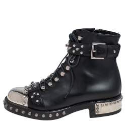 مملوكة مسبقًا Alexander McQueen Black Leather Cap Toe Studded Ankle Boots Size 37