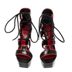 Pre Owned Alexander McQueen Black/Red Python Leather Platform Cage Sandals Size 39