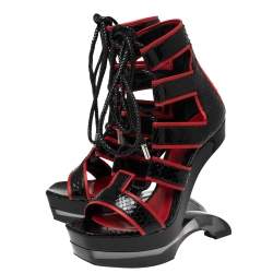 Pre Owned Alexander McQueen Black/Red Python Leather Platform Cage Sandals Size 39